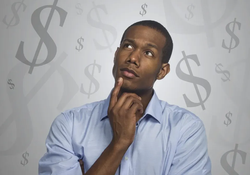 man, thinking, money, debt