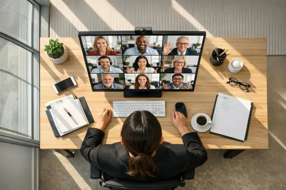 video conference, home office, desk, computer monitor
