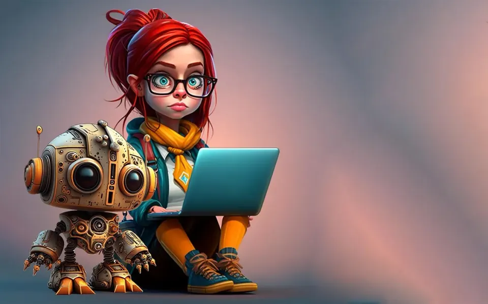 ai generated, woman, laptop, robot